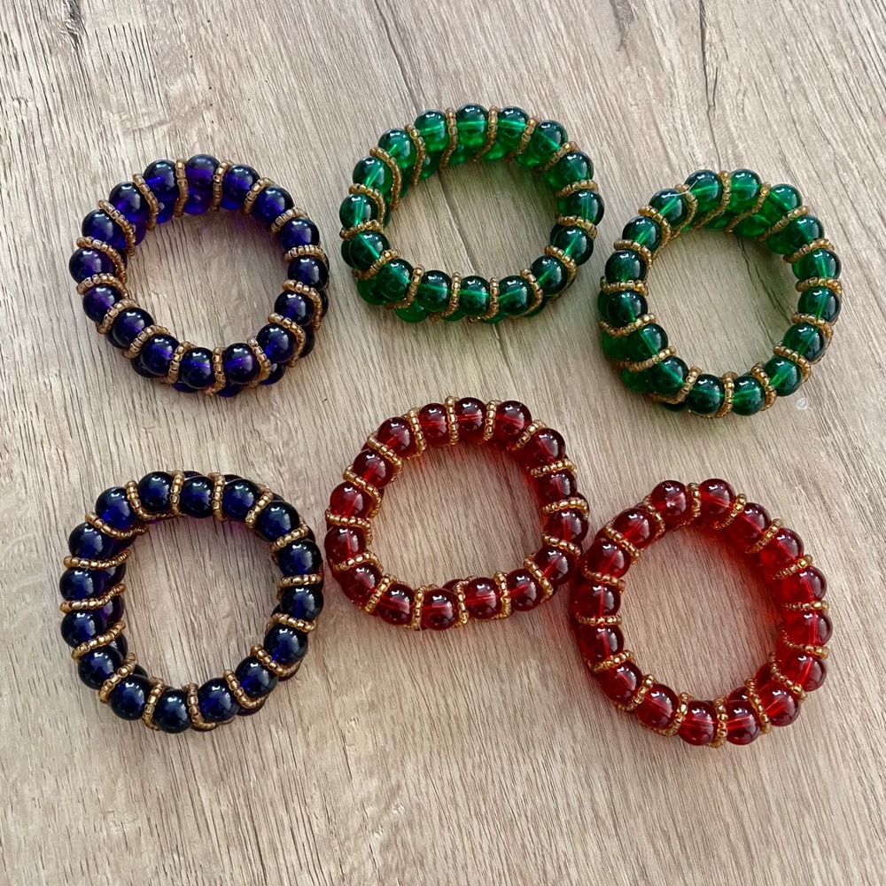 Vintage Green Red Purple Art Glass Beaded Napkin Rings Holders Set Of‎ 6